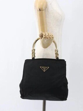 PRADA Chain Hand Bag Nylon Black Gold